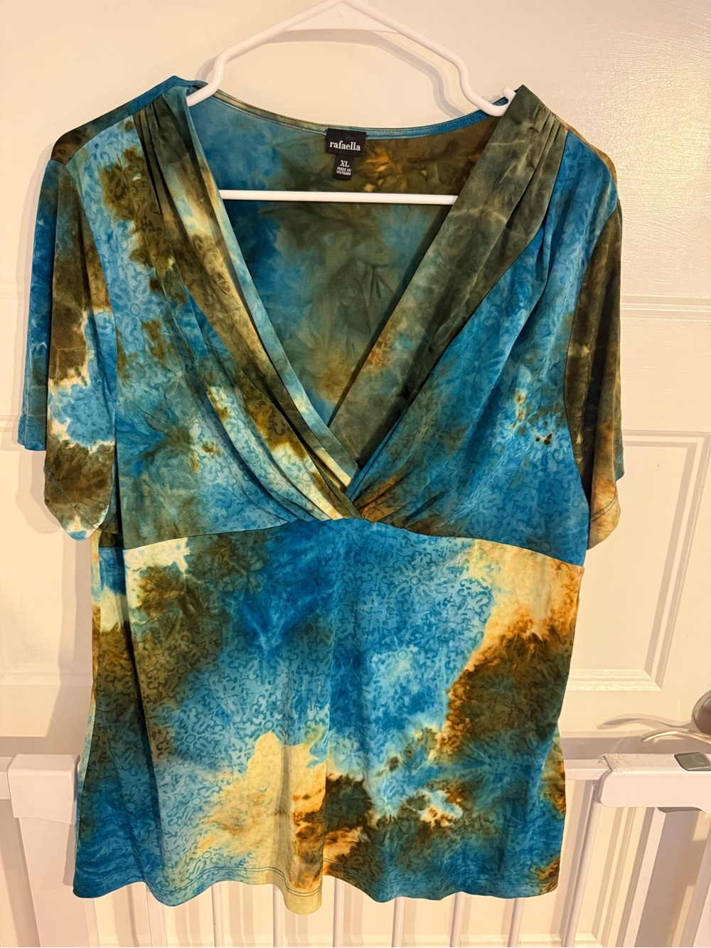 Rafaella Blue Teal Olive Tie-Dye V-Neck Blouse